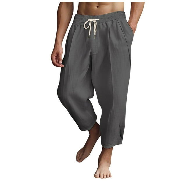Caqnni Men's Cotton Linen Pants Drawstring Casual Cropped Trousers ...