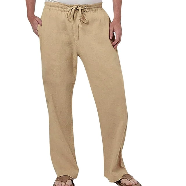 Caqnni Men's Cotton Linen Pants Elastic Waist Drawstring Casual Trouser ...