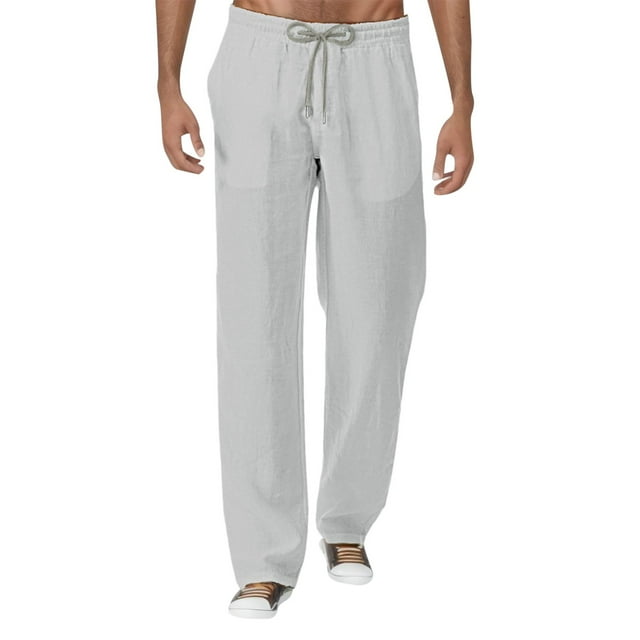 Caqnni Men's Cotton Linen Pants Summer Beach Pant Casual Solid Drawstring Yoga Pants Trousers (A3-Grey,XXL)