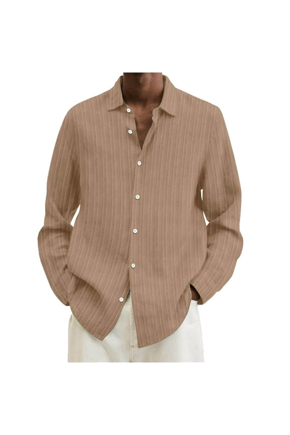 Men Cotton Linen Long Sleeve Shirts Casual Loose Top Tee (Brown,L)