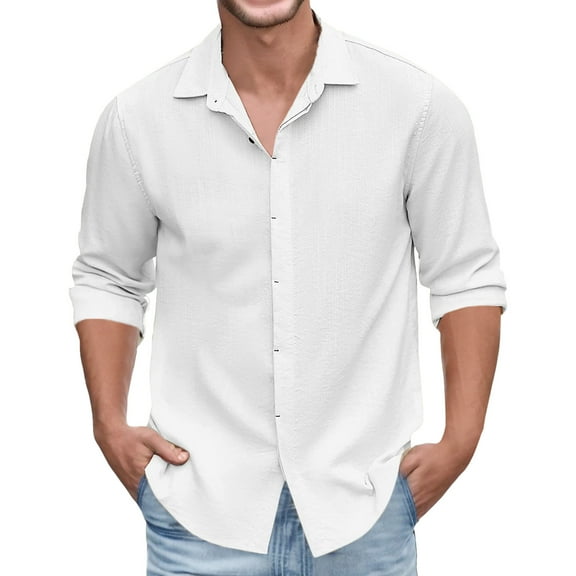Caqnni Men's Cotton Linen Shirt Long Sleeve Button Down Shirts Band Collar Beach Yoga Shirts (White,M)