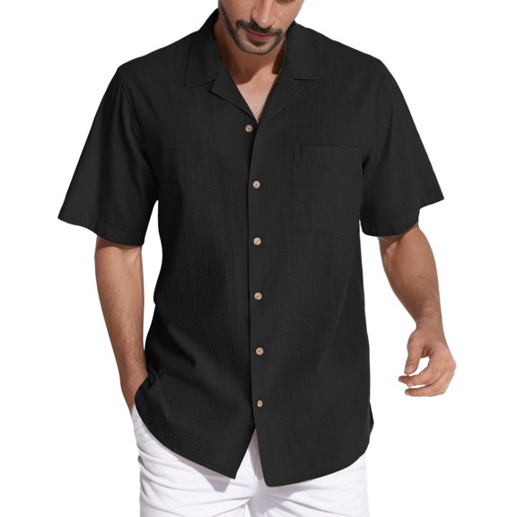 Caqnni Men's Cotton Linen Shirt Short Sleeve Casual Beach Shirts (Black,3XL)
