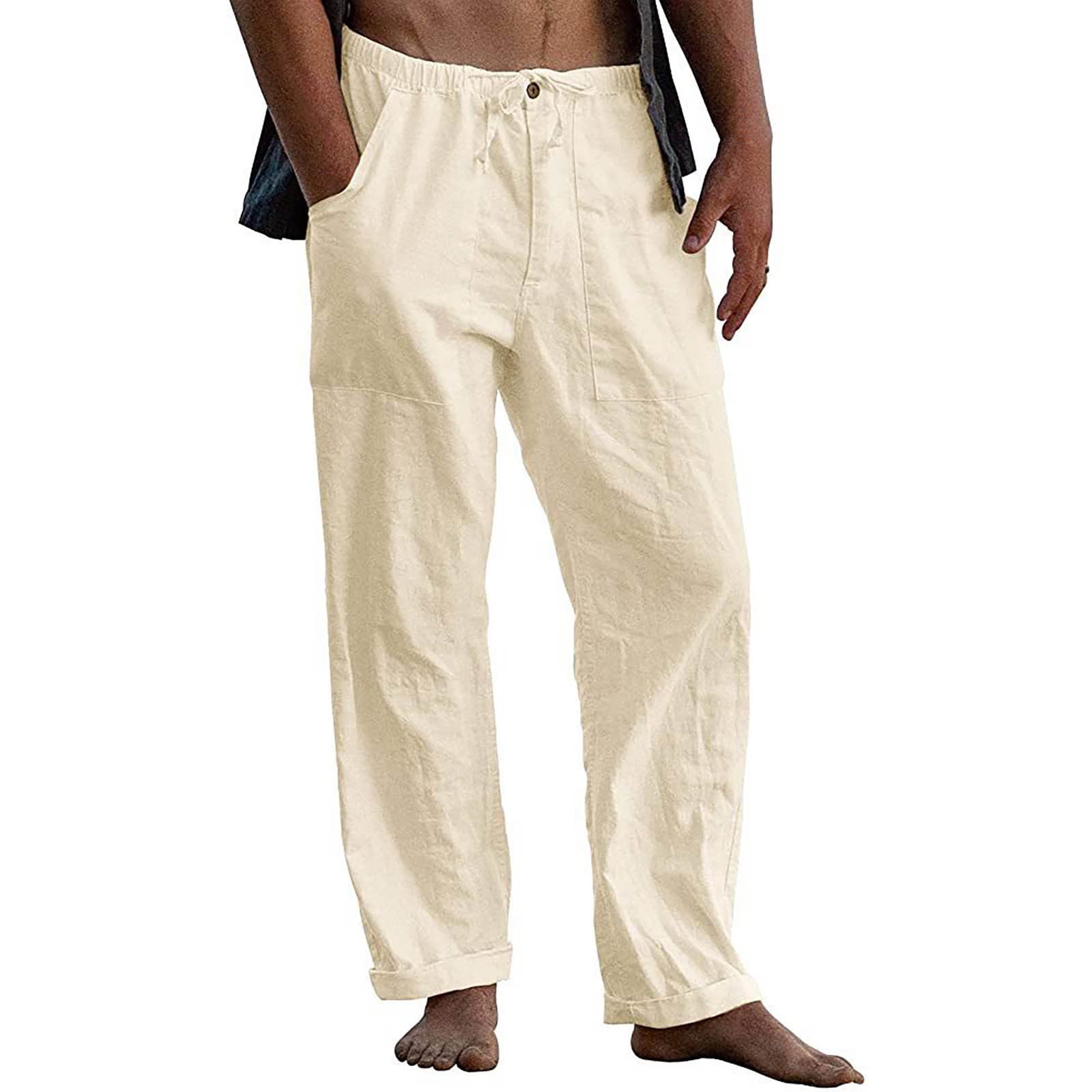 Soojun Men's Linen Beach Pants Lightweight Summer Pants with