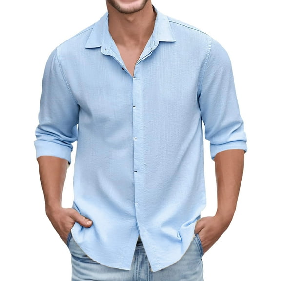 Caqnni Men's Fashion Vacation Shirt Cotton Linen Casual Shirts Long Sleeves Shirt (Blue,L)