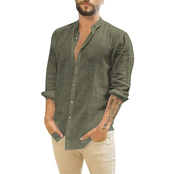 Caqnni Men's Fashion Vacation Shirt Cotton Linen Casual Shirts Long Sleeves Shirt (Green,3XL)