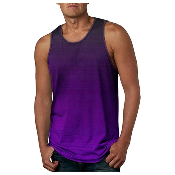 Caqnni Men's Gradient Color Crewneck T-Shirts Fitness Workout Sleeveless Shirts Tank Tops Lightweight Lounge Tops Summer Hawaiian Beach Tees (Purple,L)
