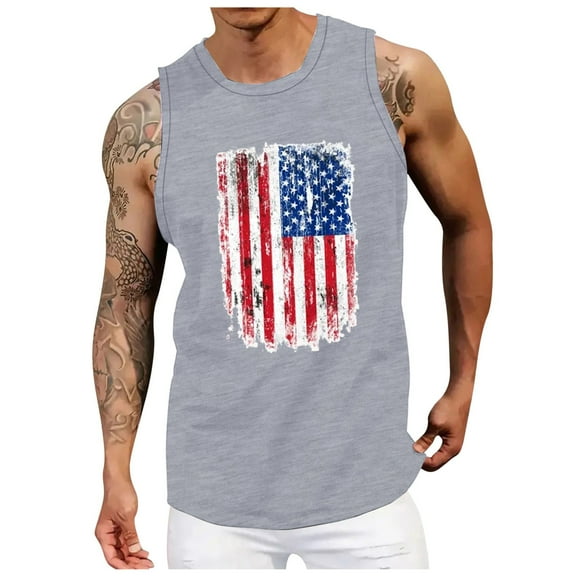 Caqnni Men's Graphic Tops American Flag Print Round Neck Tank Tops Mens USA Sleeveless Shirts Independence Day Patriotic Tees Loose Fit Outfits (Z05-Grey,3XL)