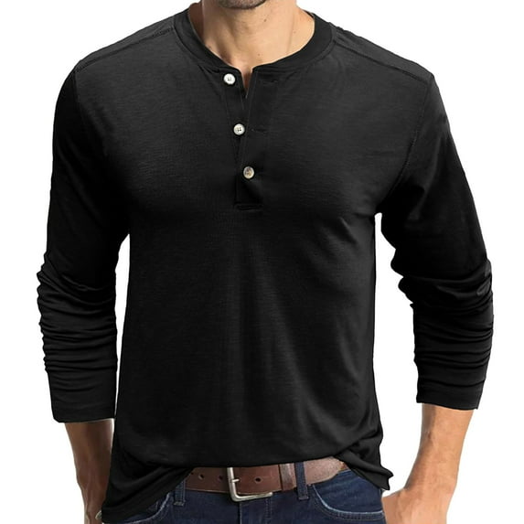 Caqnni Men's Henley Button Long Sleeve Shirt Cotton Lightweight Buttons Tops Vintage Casual Autumn and Winter Shirt Soft Fashion (Black,M)