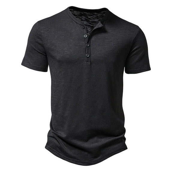 Caqnni Men's Henley Short Sleeve T-Shirt Cotton Casual Shirts with Pockets (Black,XXL)