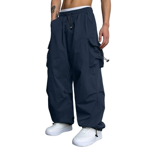 Caqnni Men's Joggers Parachute Pants Casual Baggy Cotton Drawstring Tapered Sweatpants Cargo Loose Fit Trousers with Multi-Pocket (Dark Blue,M)