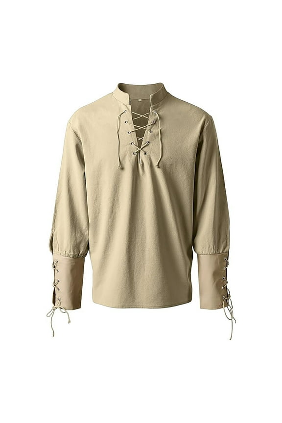 Men's Lace Up Shirt Long Sleeve Shirt Vintage Blouse Clothing Drama Stage Blouses Tops Prince's Shirt Role-Playing Role-Playing (Khaki,3XL)