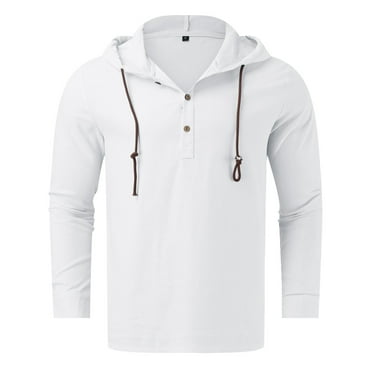 Caqnni Men's Linen Casual Shirts with Hood V Neck Long Sleeve Hooded Sweatshirts Summer Button Up Hawaiian Shirts (White,M)