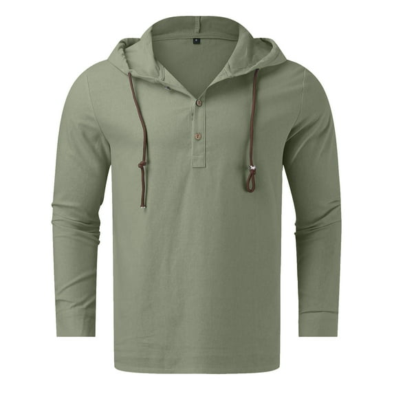 Caqnni Men's Linen Hoodie Shirts Fashion Long Sleeve Button Up Drawstring Solid Casual Retro T Shirt Tops Sweatshirt Big&Tall (Green,XXL)