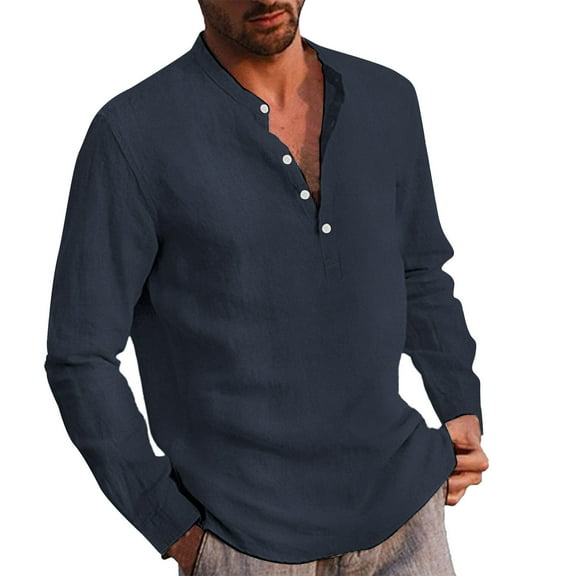Caqnni Men's Linen Long Sleeve Shirt Summer Cool Loose Casual (Navy,3XL)
