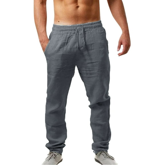 Caqnni Men's Linen Pants Wide Leg High Waisted Drawstring Casual Loose Pants Wide Leg Drawstring Casual Pants (Grey,M)