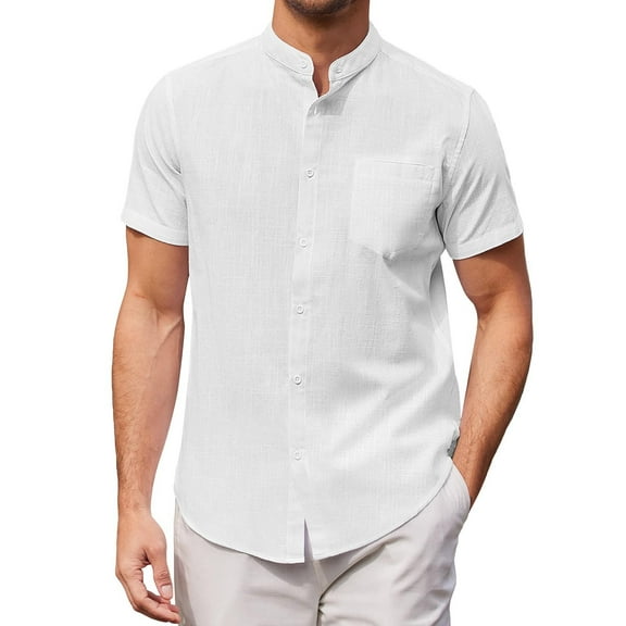 Caqnni Men's Linen Short Sleeve Casual Loose Fit Shirt - Classic Linen Shirt for Occasions (White,XL)