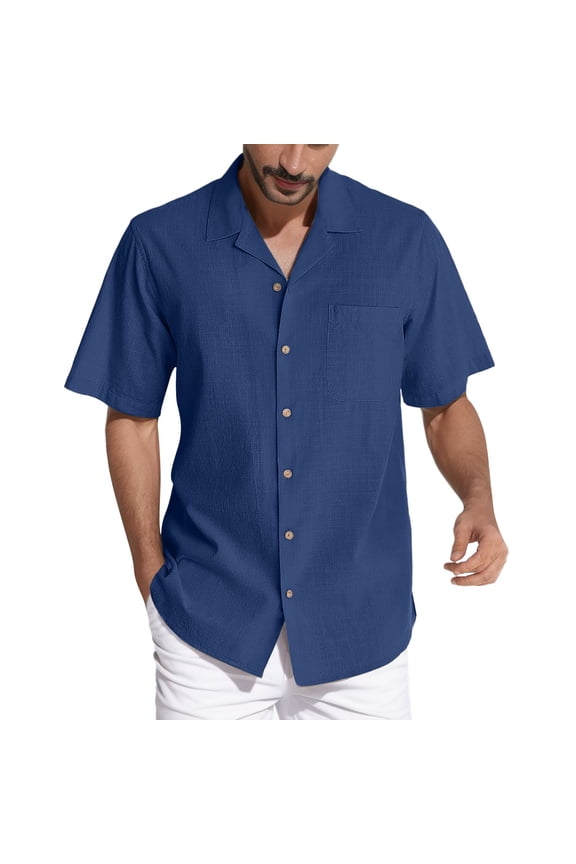 Men's Linen Short Sleeve Casual Shirt - Loose Linen Tee for Stylish Comfort (Blue,M)