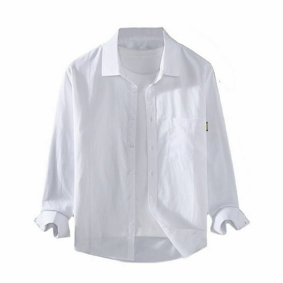 Caqnni Men's Long Sleeve Button Down Linen Shirt Casual Shirt Wedding Shirts (White,M)