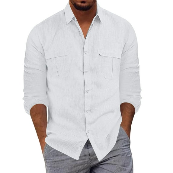 Caqnni Men's Long Sleeve Button Down Shirt Casual Regular-Fit Oxford Dress Shirts Beach Wedding Shirts (White,L)