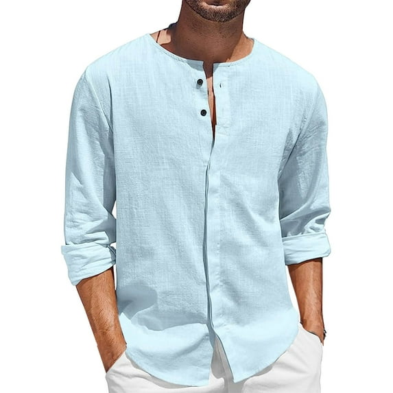 Caqnni Men's Long Sleeve Button Down Shirts Casual Untucked Dress Shirt Beach Wedding Shirts (Blue,S)