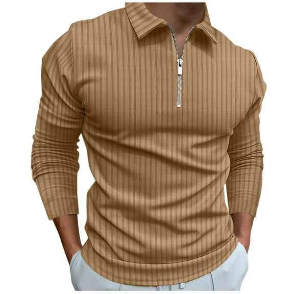 Caqnni Men's Long Sleeve Everyday Polo Shirt (Khaki,XL)