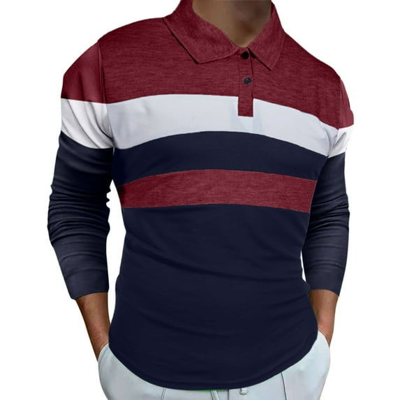 Caqnni Men's Long Sleeve Polos Contrasting Colors Design Golf T-Shirt Casual Polo Shirts (Z02-Navy,L)