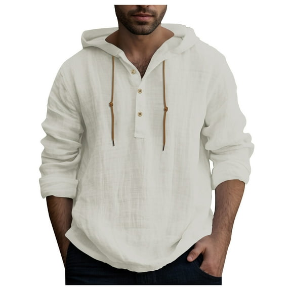Caqnni Men's Long Sleeve Pullover Hoodie Linen Henley Shirt Casual Lightweight (Grey,XXL)