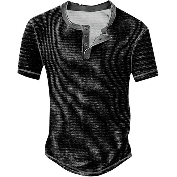 Caqnni Men's Muscle Slim Henley Shirts Crewneck Shortline T-Shirt Gym Workout Athletic Shirt Tees with Button (Black,L)