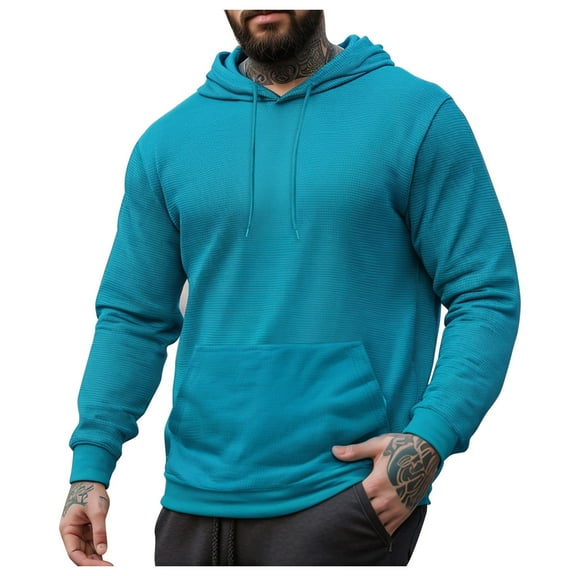 Caqnni Men's Novelty Solid Color Pullover Fleece Hoodie Long Sleeve Casual Sweatshirt with Pocket for Fall and Winter (L,Sky Blue)