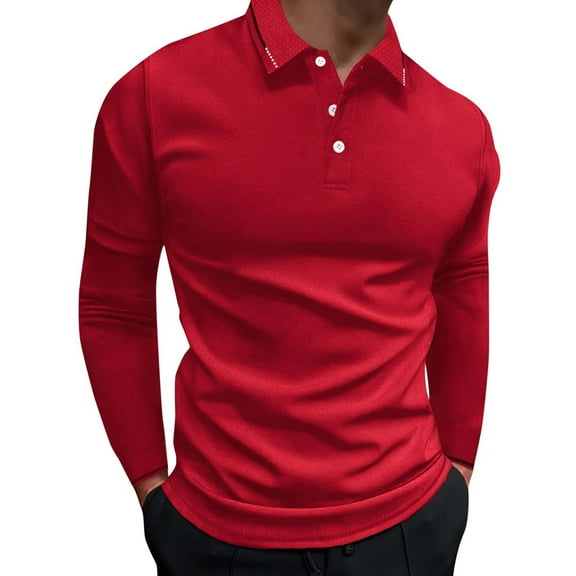 Caqnni Men's Polo Shirts Classic Casual Long Sleeve Shirts with a Soft Feel (Red,S)