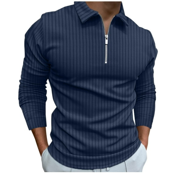 Caqnni Men's Polo Shirts Classic Long Sleeve Casual Wear with a Vintage Twist (Navy,M)