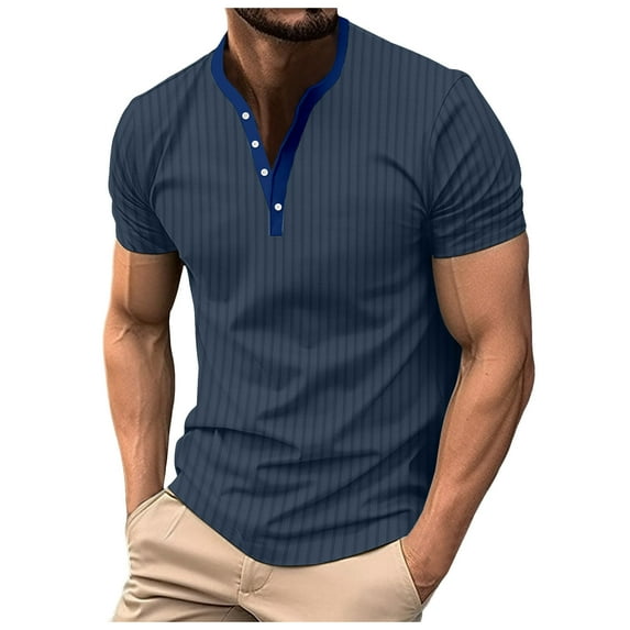 Caqnni Men's Short Sleeve Henley Shirt Fall Casual Shirt Fashion Front Placket Shirt (Navy,L)