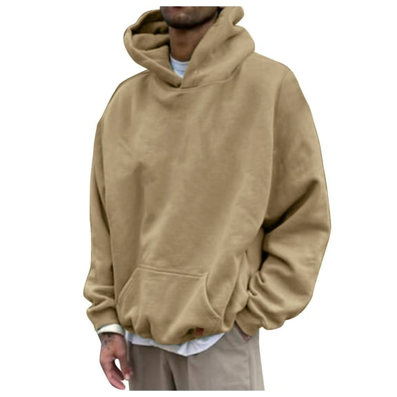 Caqnni Men's Solid Color Pullover Hoodies Long Sleeve Drawstring Casual Hooded Sweatshirts with Kanga Pockets Autumn Winter Outerwear (XXL,Khaki)