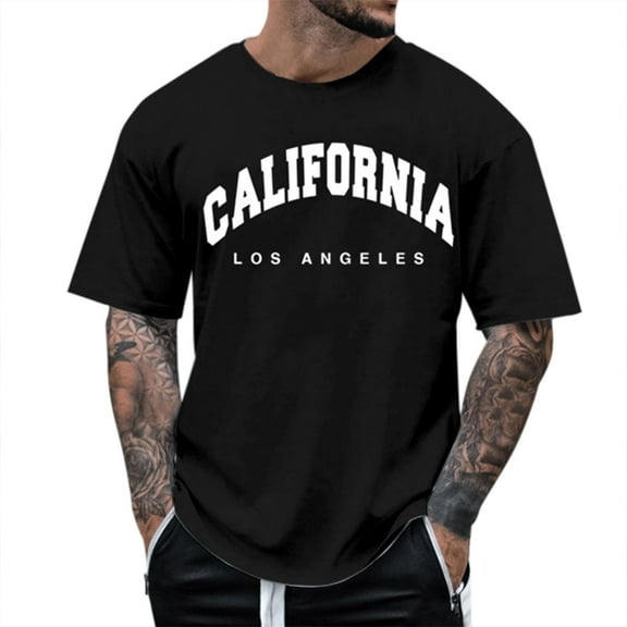Caqnni Men's Summer Casual Loose Crew Collar Top Fashion Sports Short Sleeved Letter Print T Shirt Top (Z04-Black,M)