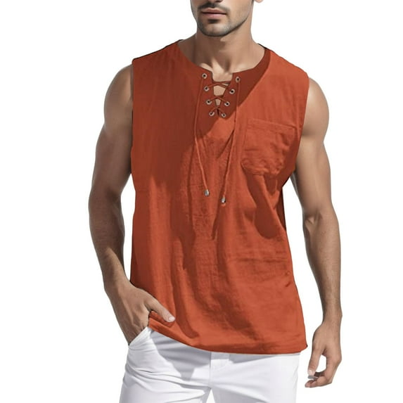 Caqnni Men's Tank Top Cotton Muscle Workout Gym Shirts Moisture Wicking Lightweight Summer Casual Sleeveless Shirts Henley T-Shirts (Z07-Red,L)