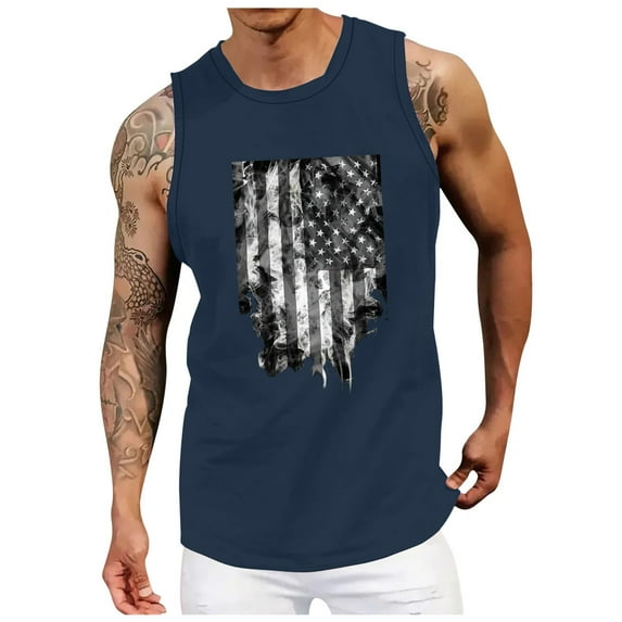 Caqnni Men's Tees USA Flag T-Shirt Patriotic Tank Tops Sleeveless Shirts Crew Neck 3D American Flag Shirt Tees (Dark Blue,XL)