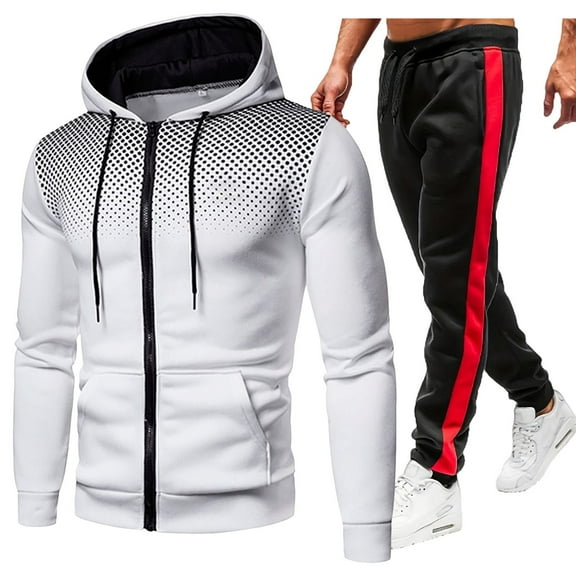 Caqnni Men's Tracksuits 2 Pieces Set Long Sleeve Causal Full Zip Hiking Jogging Gym Sports Sweatsuit for Men 2 Piece Outfits (White,XL)