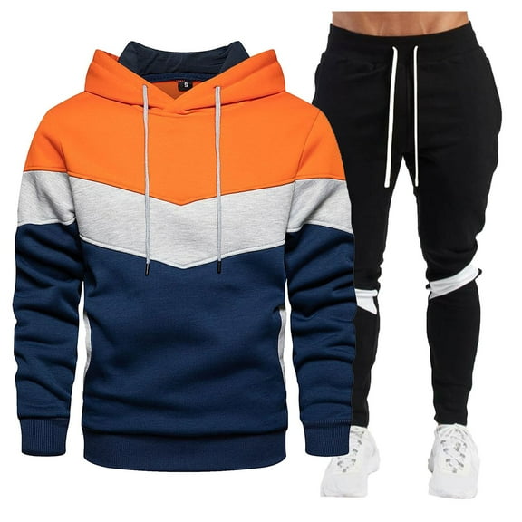Caqnni Gym Contrast Color Outfits For Men Set Men's Tracksuit Winter Soft Hooded Sweatsuits Warm Pullover Coats 2 Pieces Contrast Color Outfits Set (Orange,3XL)