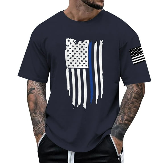 Caqnni Men's USA Flag Patriotic Graphic T-shirt Tops White Independence Day 4th of July(Navy,L)