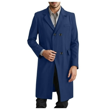 Caqnni Men's Wool Blend Pea Coat Double Trench Coat Warm Winter Overcoat (Blue,XL)