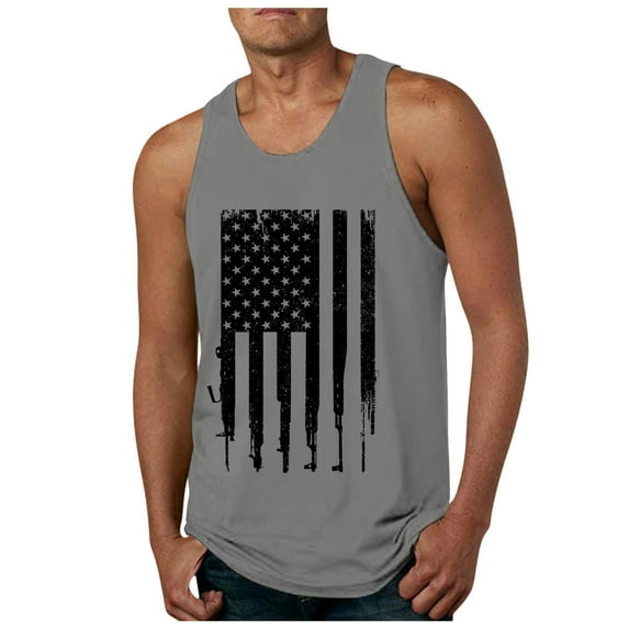 Caqnni 4th of July Tank Tops for Men Big Tall Summer Short Sleeved USA Print Athletic Undershirts Casual Muscle Tees Patriotic Shirts(Grey,XL)