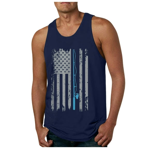 Caqnni Mens 4th of July Breathable Tank Tops Graphic Gym Workout Short Sleeved T-Shirt Tees(Navy,3XL)