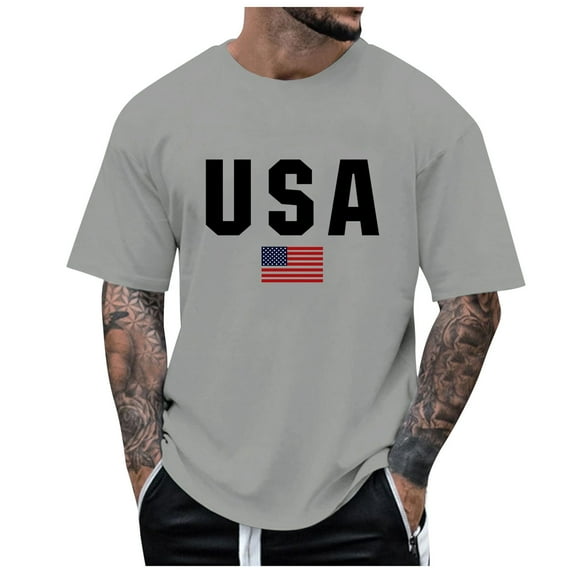 Caqnni Mens 4th of July Short Sleeve Shirts American Flag Shirts Retro Tops Polyester T Shirts(Grey,3XL)