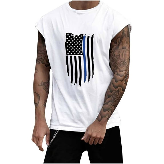 Caqnni Mens 4th of July Tank Top Patriotic American Flag Breathable Short Sleeved Beach Shirt American Flag Muscle Tanks (White,3XL)