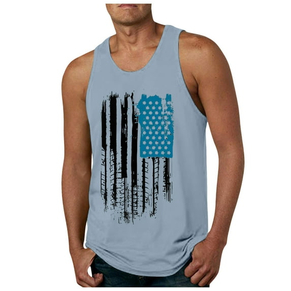 Caqnni Mens 4th of July Tank Tops 3D Printed Independence Day USA Flag Short Sleeved Summer Sports Gym Workout T-Shirt(Light Blue,XXL)