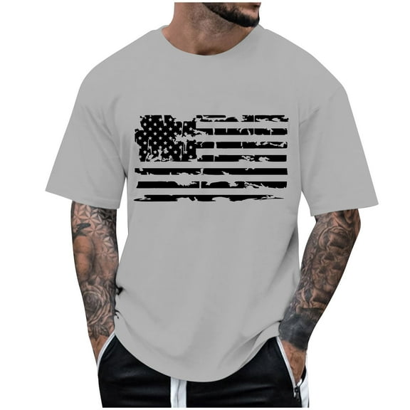 Caqnni Mens American Flag T-Shirt Patriotic Cool Shirts 4th of July Graphic Crewneck Short Sleeve Tee Top(Grey,M)