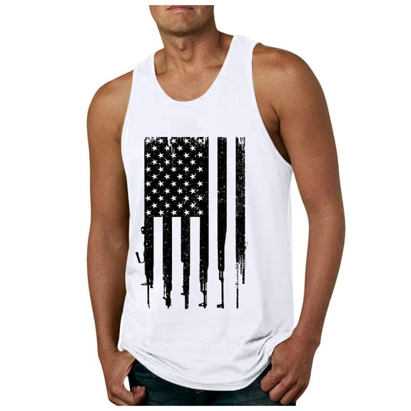 Caqnni Mens USA Flag Tank Top 4th of July Shirt American Flag Patriotic Short Sleeved Independence Day Shirt(White,XL)