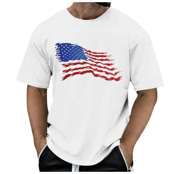Caqnni Mens American USA Flag Patriotic T-Shirt US 4th of July Round Neck Soft Summer Short Sleeve Shirts for Men (White,L)