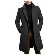 Caqnni Mens Black Trench Coat Notched Lapel Single Breasted Long Peacoat Overcoat (Grey,M)