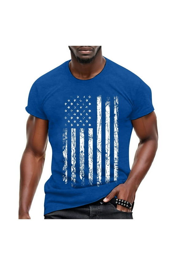 American Flag T Shirt for Men Casual Plus Size Patriotic Short Sleeve Crew Neck Summer Tee Retro Tops Blue,XXL)